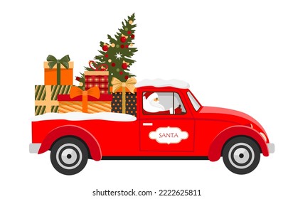 Santa Claus on a red car delivers Christmas gifts. Santa is driving a truck with a Christmas tree and gifts. Illustrated vector element.