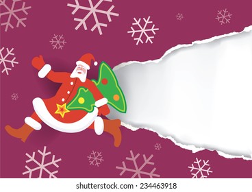 Santa Claus on the red torn paper. Running Santa Claus with christmas tree on the red torn paper. Useful for gift label. Vector illustration 