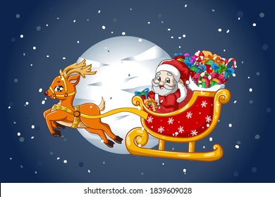 Santa Claus on a reindeer carriage carrying gifts at Christmas night