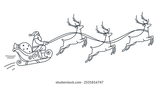 Santa Claus on reindeer exercise and sled rides across the sky. Flat vector illustration in linear style on white background