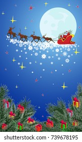 Santa Claus on a reindeer harness, flying