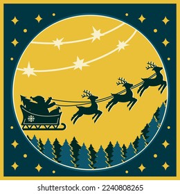Santa Claus on reindeer, a multi-layered Christmas card in the style of papercut