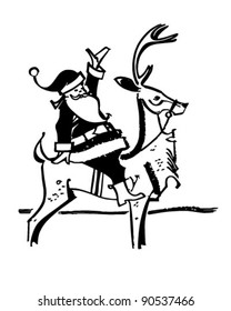 Santa Claus On Reindeer - Retro Clipart Illustration