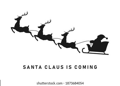 Santa Claus on reindeer sleigh black silhouette. Santa deer icon sign or symbol. Xmas gift logo. Holiday season. Merry christmas and happy new year. December month. Winter vector illustration.