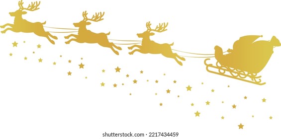 Santa Claus on reindeer sleigh, golden silhouette.