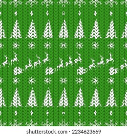 Santa Claus on reindeer, snowflakes and Christmas trees, knitted pattern, vector illustration