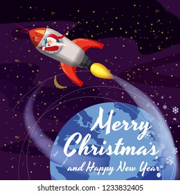 Santa Claus on a rocket flies in space around the Earth, Merry Christmas and Happy New Year. Winter, stars, vector, illustration, greeting, banner, poster, isolated
