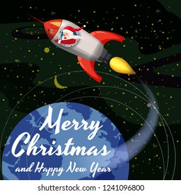 Santa Claus on a rocket flies in space around the Earth, Merry Christmas and Happy New Year. Winter, stars, vector, illustration, greeting, banner, poster, isolated
