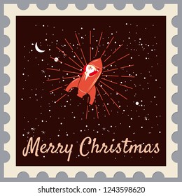 Santa Claus on a rocket flies in space around the Earth. Postage Stamp. Merry Christmas and Happy New Year, retro. vintage. Winter, stars, vector, illustration, greeting, banner, poster, isolated