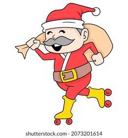 santa claus on roller skates carrying a sack of christmas gifts, vector illustration art. doodle icon image kawaii.