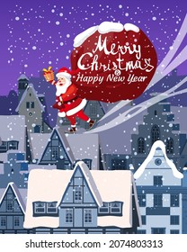 Santa Claus on the roof, delivery gifts. Night winter city, european urban landscape, noel. Vector illustration poster, greeting card cartoon style