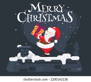 Santa Claus on the roof with a gift.