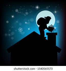 Santa Claus on the roof with a gift. Merry Christmas. Greeting card. Vector illustration