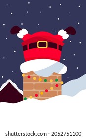 Santa Claus on the roof. Santa with a gift bag full of real boxes, candy cane, holly berries and toys ends up in the chimney. Winter holiday festive poster design. Merry Christmas greeting cards