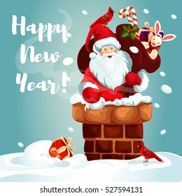 Santa Claus on the roof. Santa with gift bag full of present box, candy cane, holly berry and toy gets into the chimney. Winter holiday festive poster design