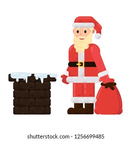 Santa Claus is on the roof with gifts trying to get into the house through the chimney, the character carries Christmas presents