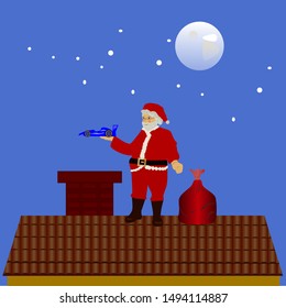 Santa Claus on the roof of a house delivering Christmas gifts