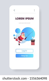 santa claus on roof near chimney using fishing rod merry christmas happy new year holiday concept smartphone screen online mobile app greeting card full length vertical vector illustration