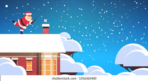 santa claus on roof near chimney using fishing rod merry christmas happy new year holiday concept winter snowfall background greeting card full length horizontal vector illustration