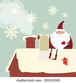 Santa Claus on the roof reads the list of names of good children's illustration