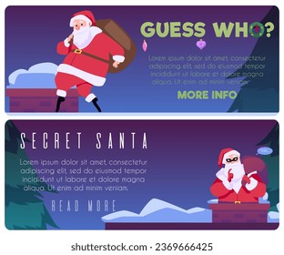 Santa Claus on roof sneaking with gift sack, web banners set, flat vector illustration. Guess who inscription with concept of Secret Santa. Christmas holiday celebration.