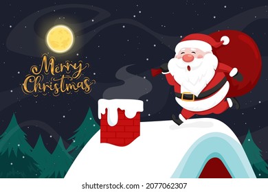 Santa Claus on the rooftop and chimney at the Christmas night with full moon and snowfall. Merry Christmas banner for Holiday cards, invitations and website celebration decoration.