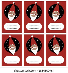 Santa Claus en forma de noche redonda cielo navidad invierno vectorial etiqueta de regalo rojo con el lugar para tu texto