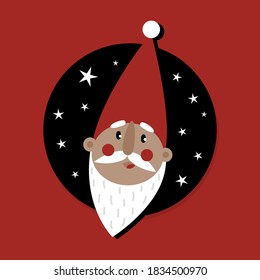 Santa Claus on round shaped night sky card poster centerpiece seasonal Christmas winter holiday vector colorful illustration 