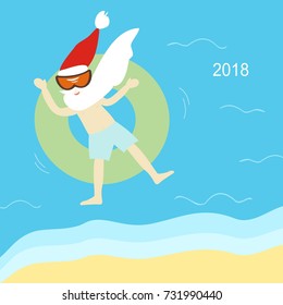 Santa Claus on a rubber ring in the sea. top view. Symbol of the year 2018. Happy New Year and Merry Christmas! Greeting card. Vector illustration.