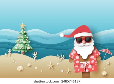 Santa Claus on sandy beach with Christmas tree, starfish, and waves, celebrating tropical Christmas.