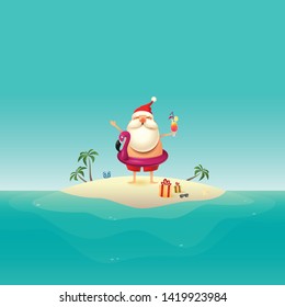 Santa Claus on sandy island at ocean with inflatable flamingo float