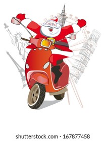 Santa Claus on the scooter around the world