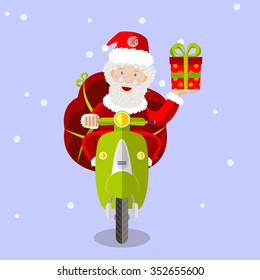 Santa Claus on a scooter with christmas gifts and bag, holiday, Christmas and New Year, vector flat design