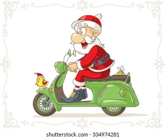 Santa Claus on a Scooter with a Small Gift Vector Cartoon - Santa Claus riding a scooter delivering a Christmas present
