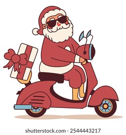 Santa Claus on scooter vector Christmas cartoon character isolated on a white background.