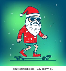 Santa Claus on a skateboard, stylish Santa hipster in sunglasses.
Santa Claus Riding Skateboard. Stylish Cool Christmas Character Father Noel Hurry. Cartoon Santa Claus Illustration. Stylish skater 