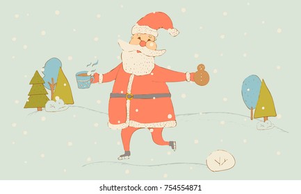 Santa Claus on skates with a mug. Card, banner, winter greetings.