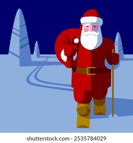 Santa Claus on skis with a red bag on the background of a blue winter landscape in the snow. Christmas and New Year greeting cards and billboard design in flat style. Vector Illustration