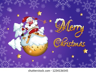 Santa Claus on skis is standing on a snowy planet on the Christmas ball with Christmas trees. Vector greeting card with purple night sky background, stars, snowflakes.