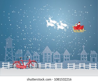 Santa Claus on the sky coming to Urban countryside city and  Red Bicycle on gray grass in winter season.Merry Christmas concept,vector and illustration craft style.