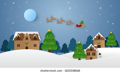 Santa claus on the sky coming city village with christmas tree in night time with snowfall. Christmas season and Happy new year season