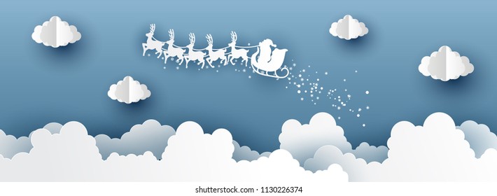 Santa Claus on the sky in panorama, paper origami style vector illustration.