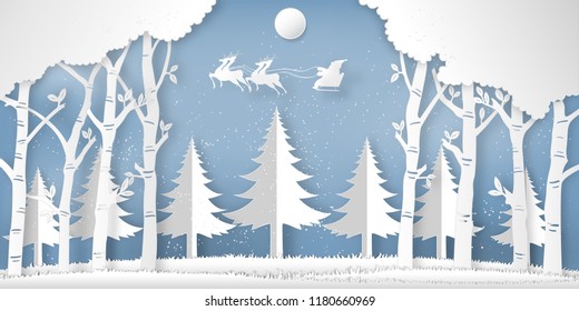 Santa Claus on the sky in the winter season with trees , forest and snow  as Paper art and digital craft style concept. vector illustration