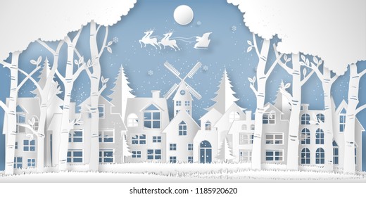 Santa Claus on the sky in the winter season with village , forest and snow  as Paper art and digital craft style concept. vector illustration
