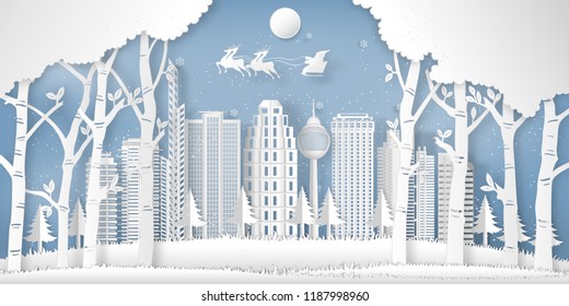 Santa Claus on the sky in the winter season with cityscape , forest and snow  as Paper art and digital craft style concept. vector illustration