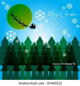 Santa Claus On Sled With Deer And Moon, Illustration