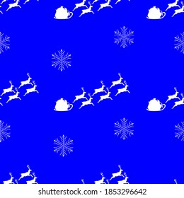 santa claus on a sled with reindeer snowflakes, seamless pattern, vector illustration