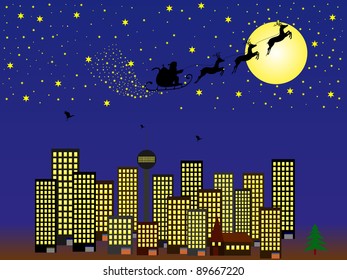 Santa Claus on sledge with deer is coming in to town