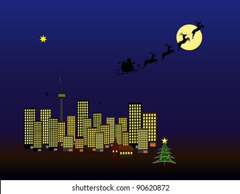 Santa Claus on sledge with deer is coming in to town