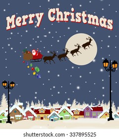 Santa Claus on sledge with Magic Deers flying over country side and delivering his christmas gifts